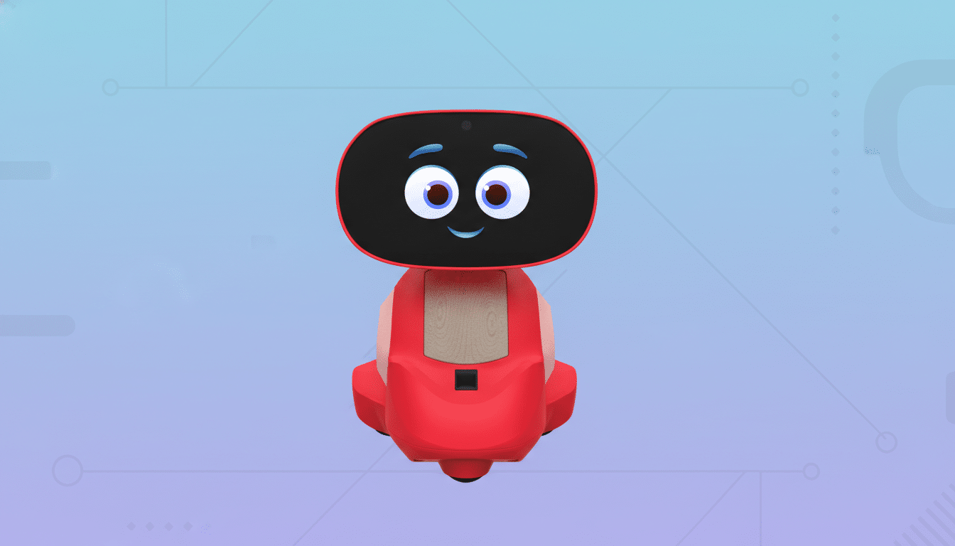 A red robot with a black screen for a face, displaying a friendly expression with blue eyes and a smile, set against a professional flat design background with soft blue and purple gradients and subtle geometric patterns.