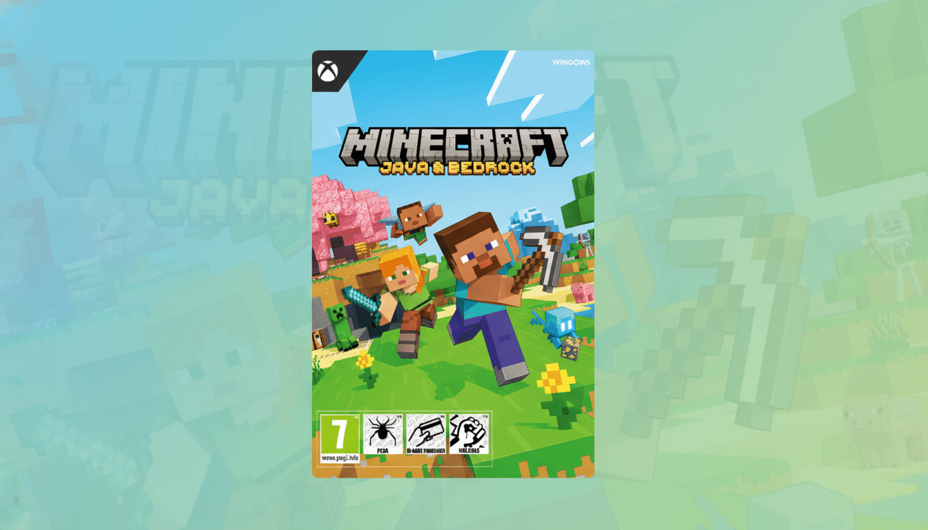 The Minecraft Java & Bedrock Edition game cover is presented in a 16:9 aspect ratio, professionally enhanced with a subtle, blocky background that complements the games aesthetic.