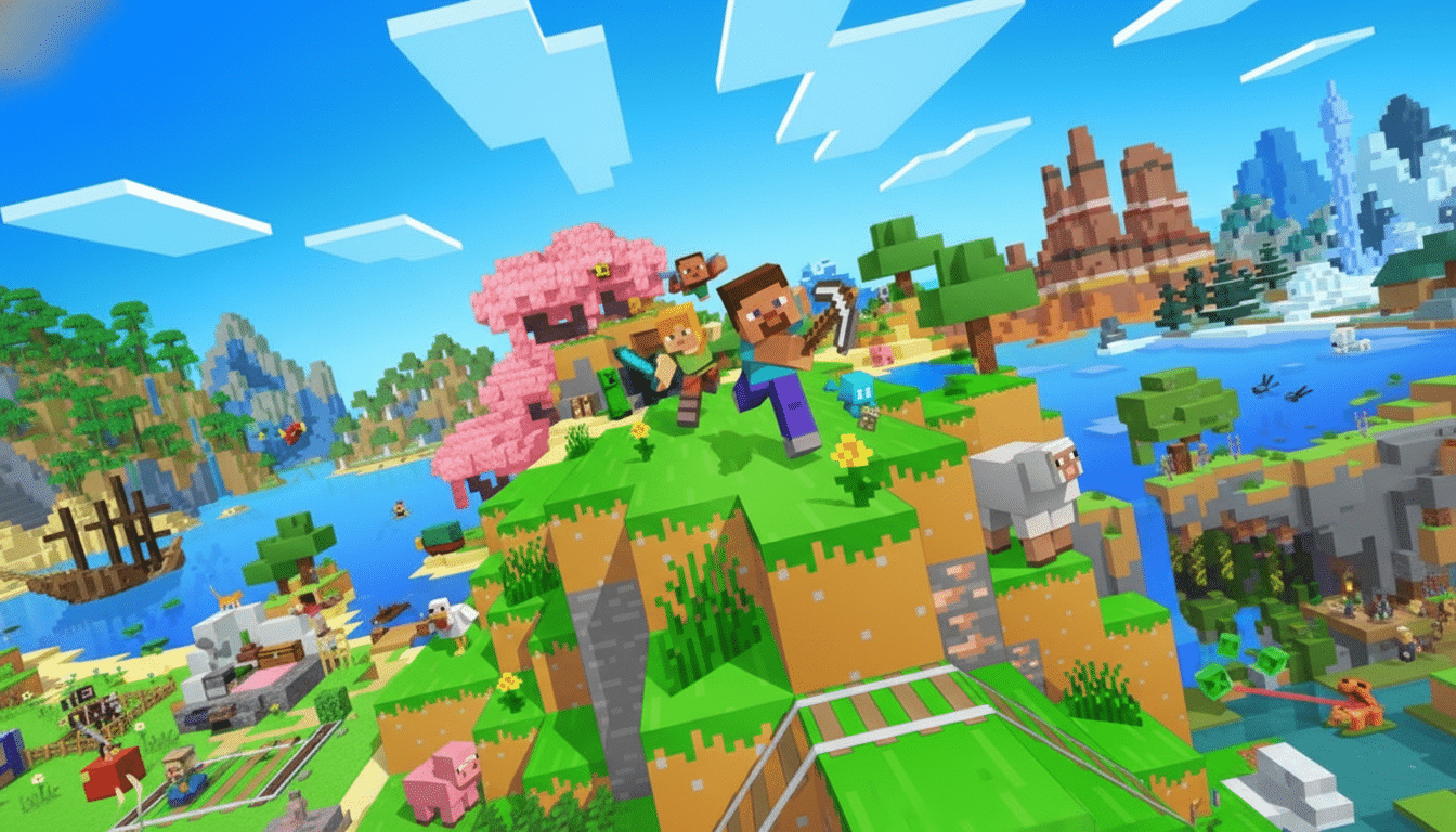 A wide, vibrant screenshot from the video game Minecraft, showing several blocky characters, including Steve and Alex, on a grassy hill overlooking a diverse landscape with mountains, a lake, trees, and various animals.