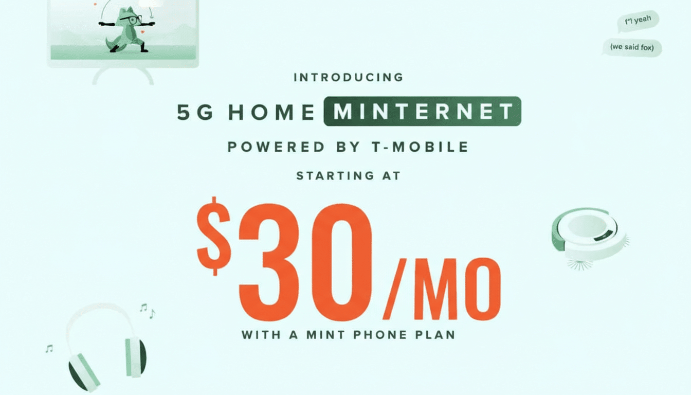 A promotional image for 5G Home Minternet powered by T-Mobile starting at $30/month with a Mint Phone Plan. The image features a light green background with various illustrations including a fox on a screen, a robot vacuum, and headphones.