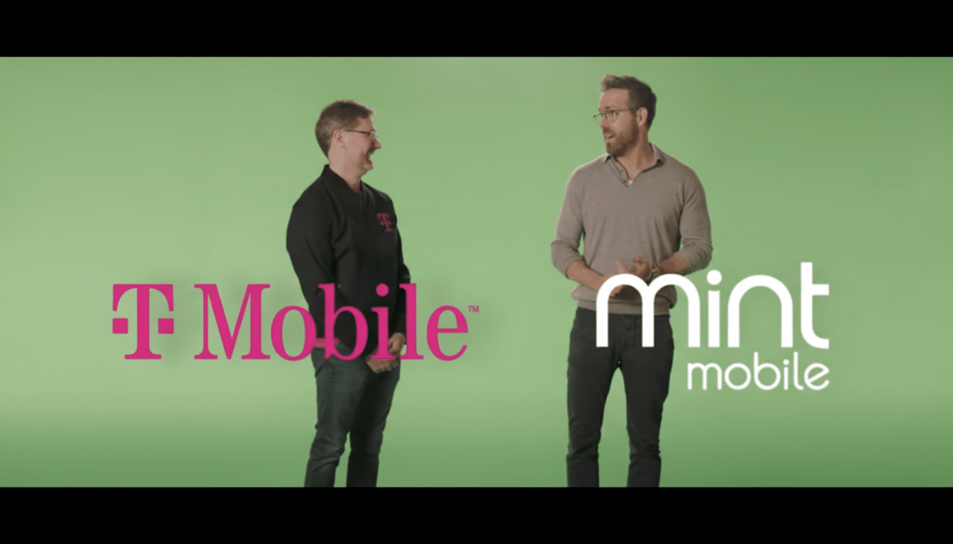 Two men, one in a black T-Mobile shirt and the other in a beige sweater, stand on a green background with T-Mobile and Mint Mobile logos.