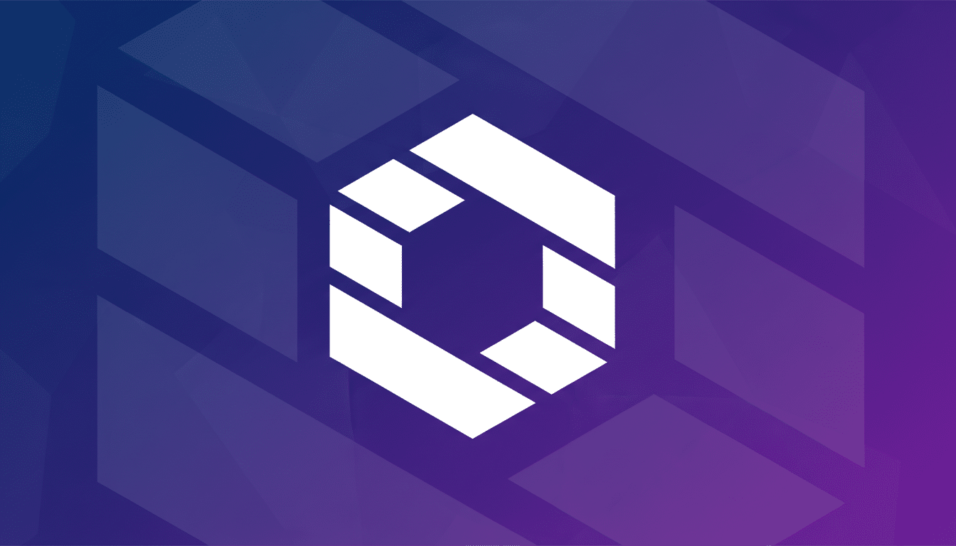 A white hexagonal logo with a central opening, set against a professional 16:9 gradient background of deep blue to purple with subtle geometric patterns.