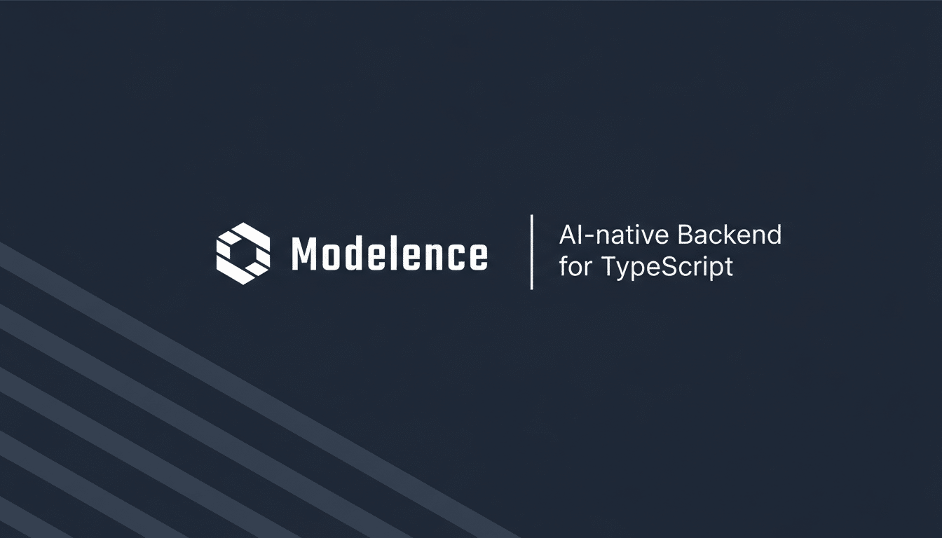 The Modelence logo and text AI-native Backend for TypeScript on a dark blue background with subtle diagonal lines in the bottom left.