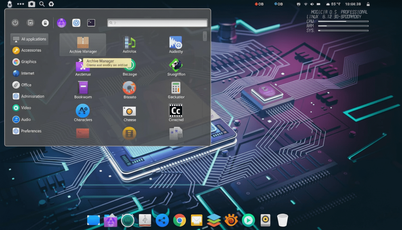 A desktop screenshot of a Linux operating system with an open application menu, displaying various icons and a circuit board-themed background.