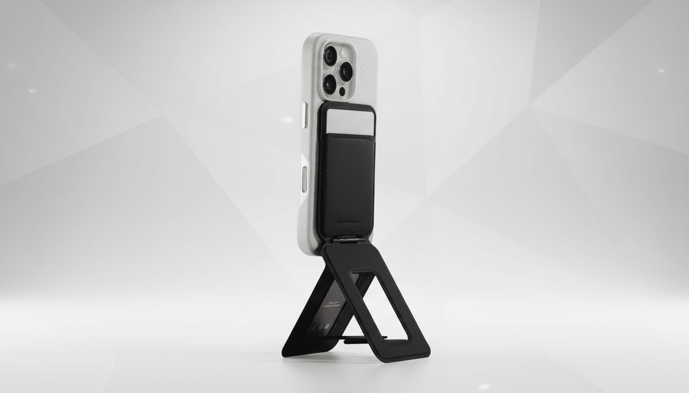 A white iPhone with a black wallet stand attached to its back, presented on a professional flat design background with soft patterns.