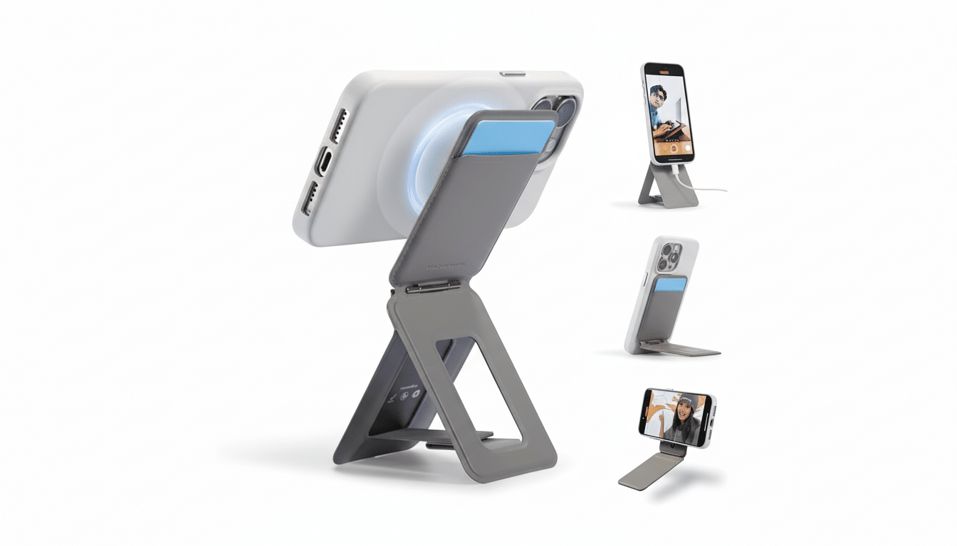 A white iPhone with a grey foldable stand and a blue card in its slot, presented in a 16:9 aspect ratio with a clean white background.