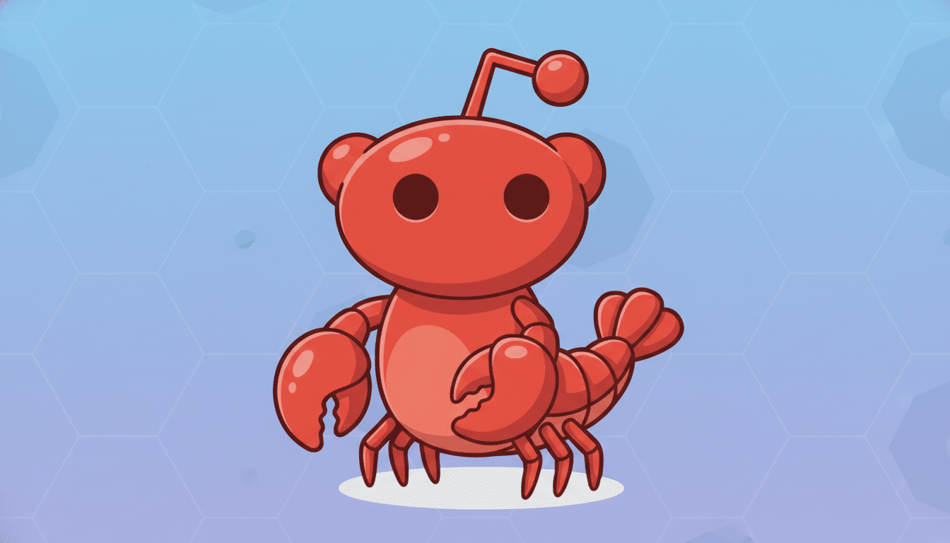 A red cartoon lobster-like creature with a Reddit antenna on its head, standing on a white base against a light blue background with subtle hexagonal patterns.