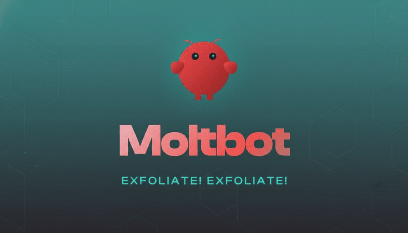 The Moltbot logo and mascot on a professional flat design background with soft patterns.