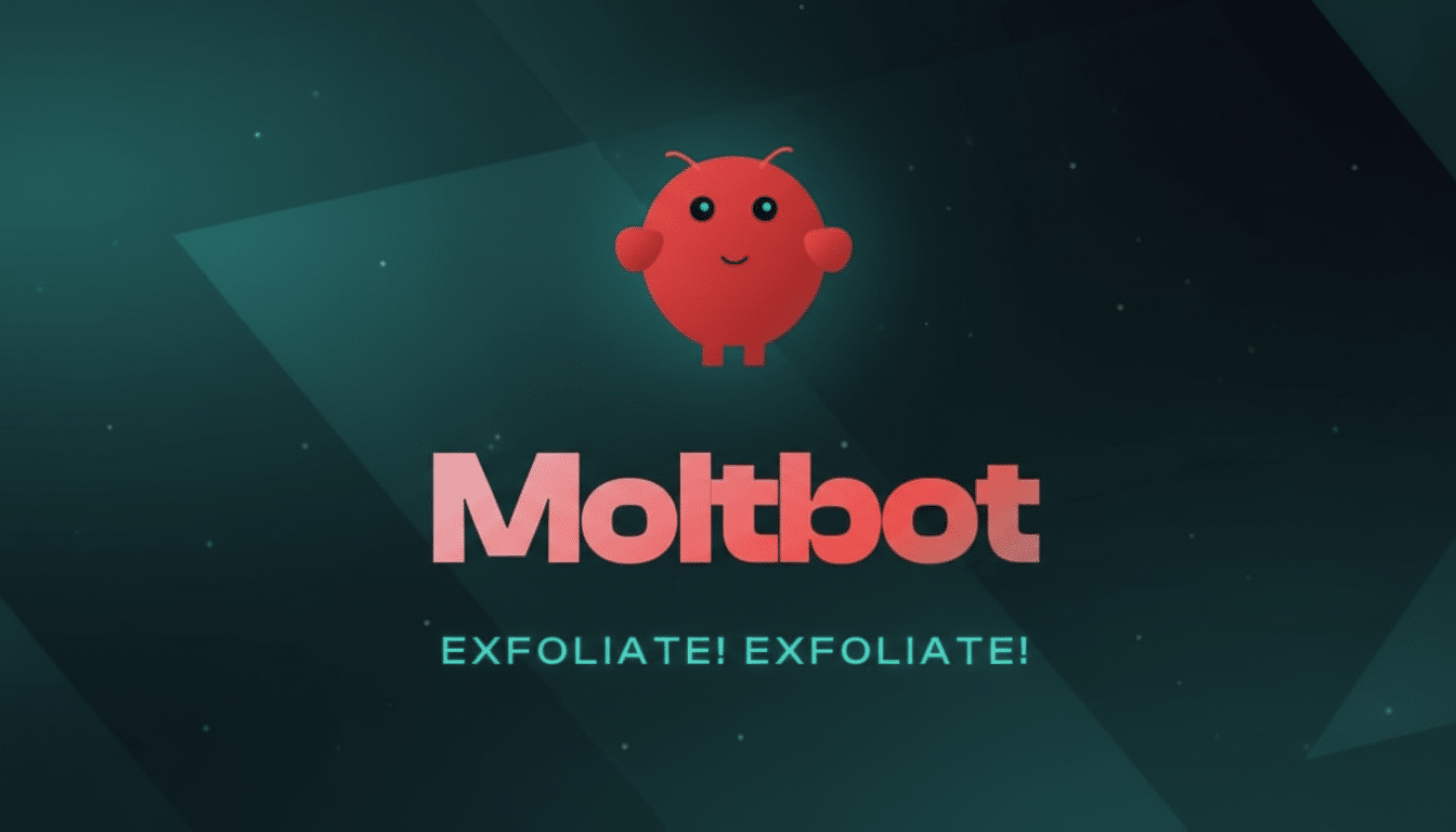 The Moltbot logo and mascot on a professional flat design background with soft patterns and gradients.