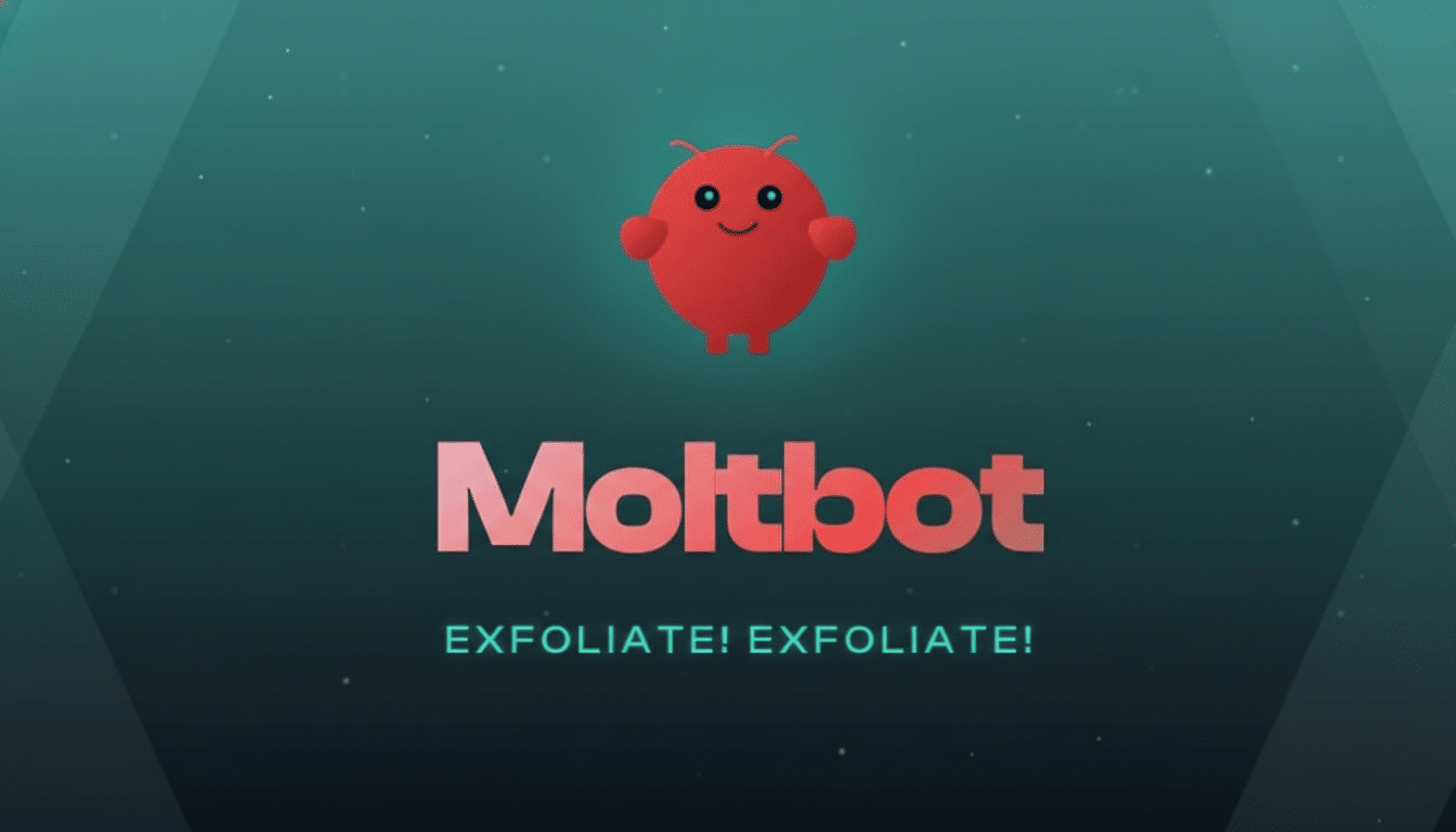 The Moltbot logo, featuring a red, friendly-looking bug character above the word Moltbot in pink, with the tagline EXFOLIATE! EXFOLIATE! below, all set against a professional teal gradient background with subtle patterns.