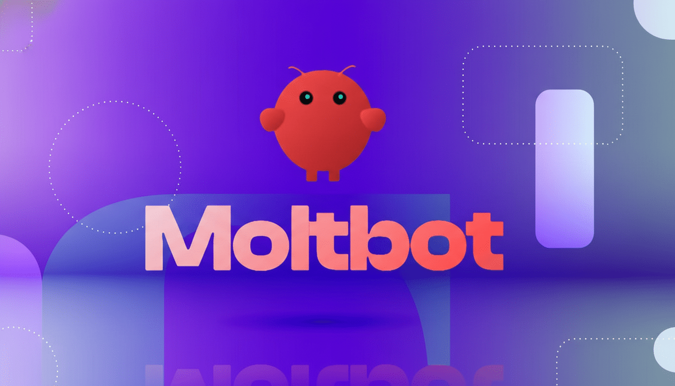 The Moltbot logo, featuring a red, round robot character with small antennae and green eyes, positioned above the word Moltbot in a bold, pink-orange gradient font. The background is a professional flat design with soft purple and blue gradients and subtle geometric patterns, resized to a 16:9 aspect ratio.