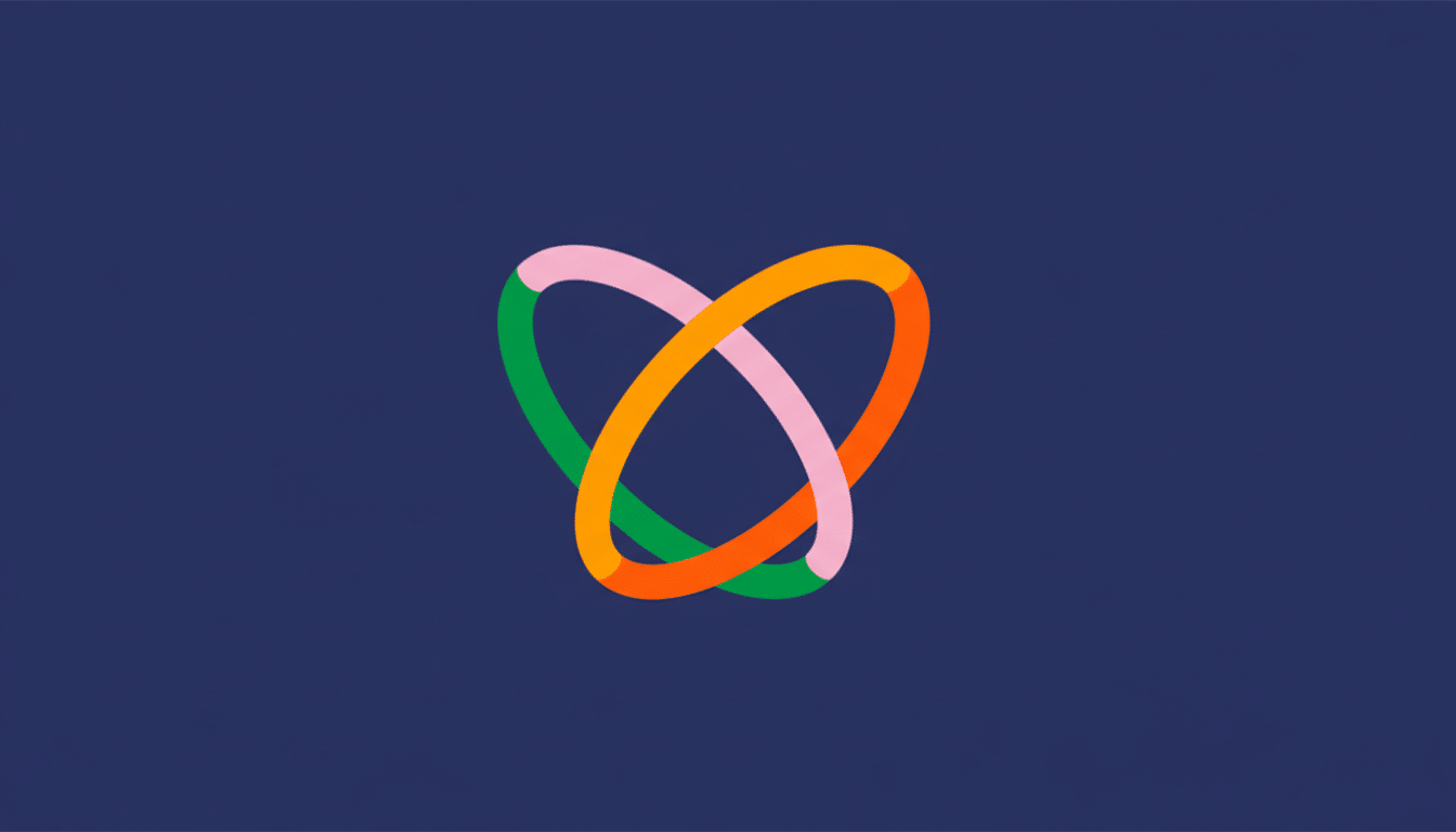A professional 16:9 aspect ratio image featuring a colorful, intertwined loop logo on a solid dark blue background.