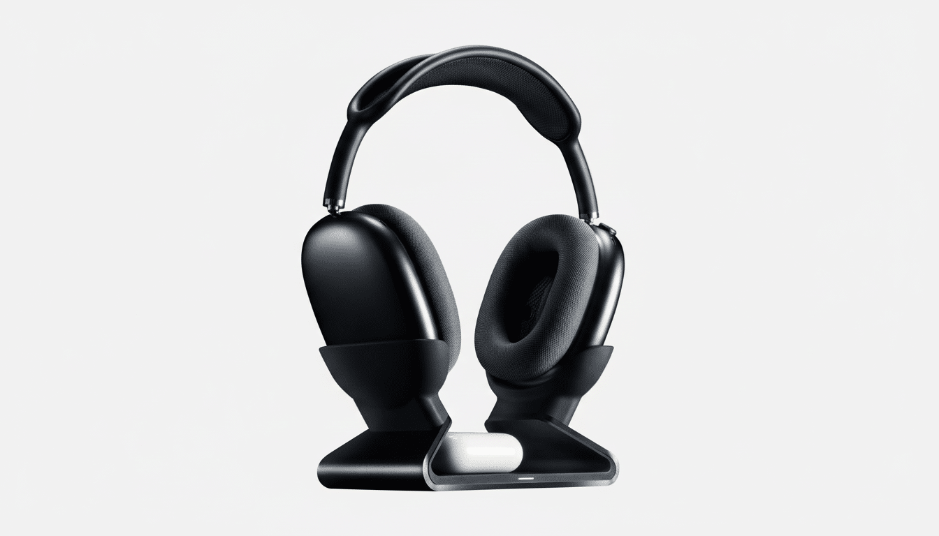 A pair of black over-ear headphones resting on a matching black stand, with a white charging case visible at the base of the stand. The background is a clean, light gray.