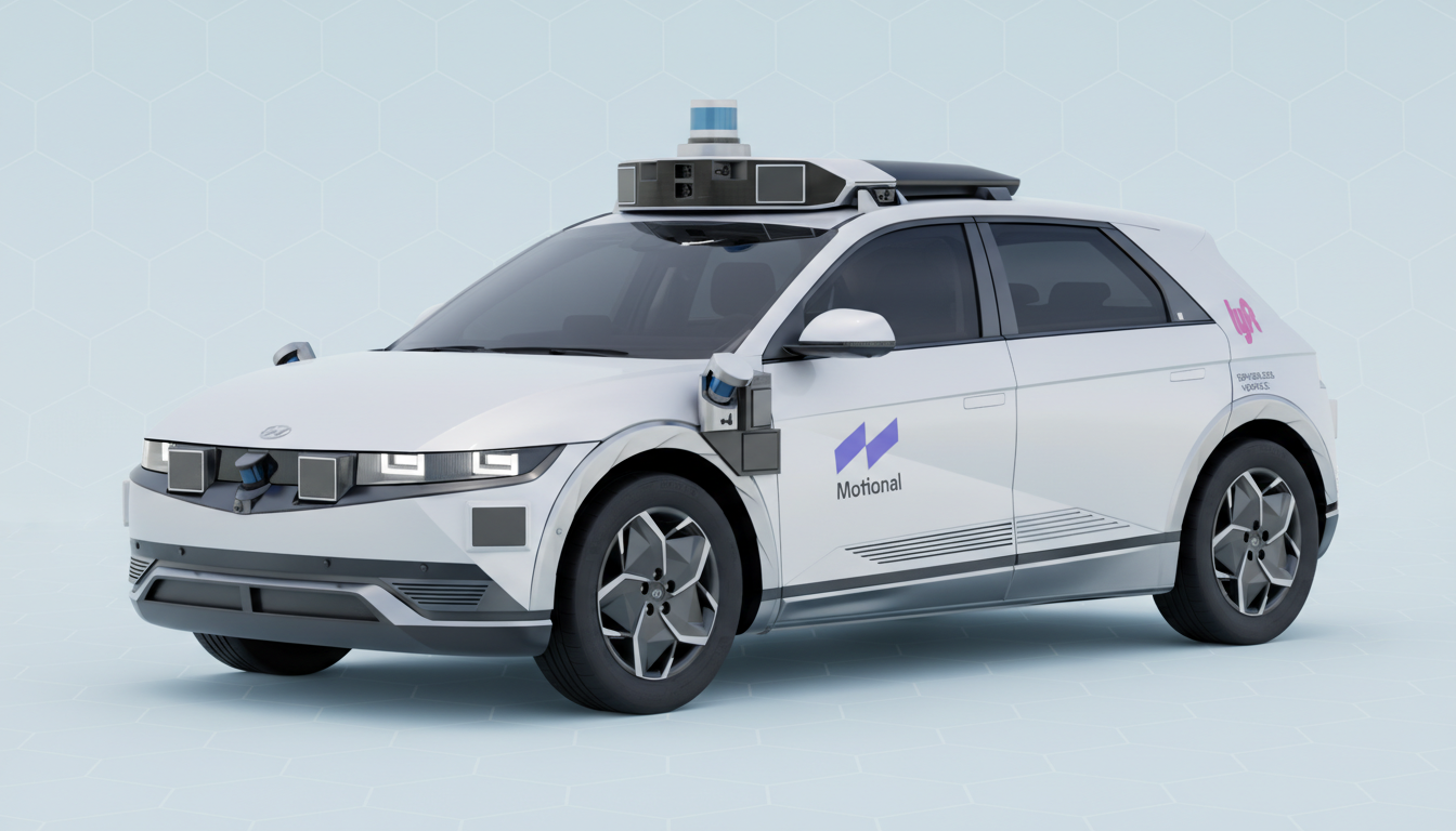 A white Motional autonomous vehicle with a light blue and white patterned background.