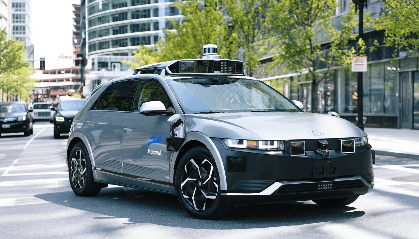 A gray Motional autonomous vehicle, a Hyundai IONIQ 5, is parked on a city street with buildings and trees in the background.