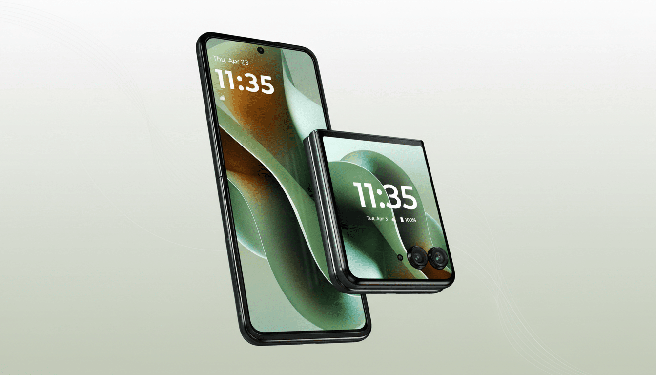A sleek, modern smartphone and a compact foldable phone are displayed against a professional flat design background with soft patterns and gradients.