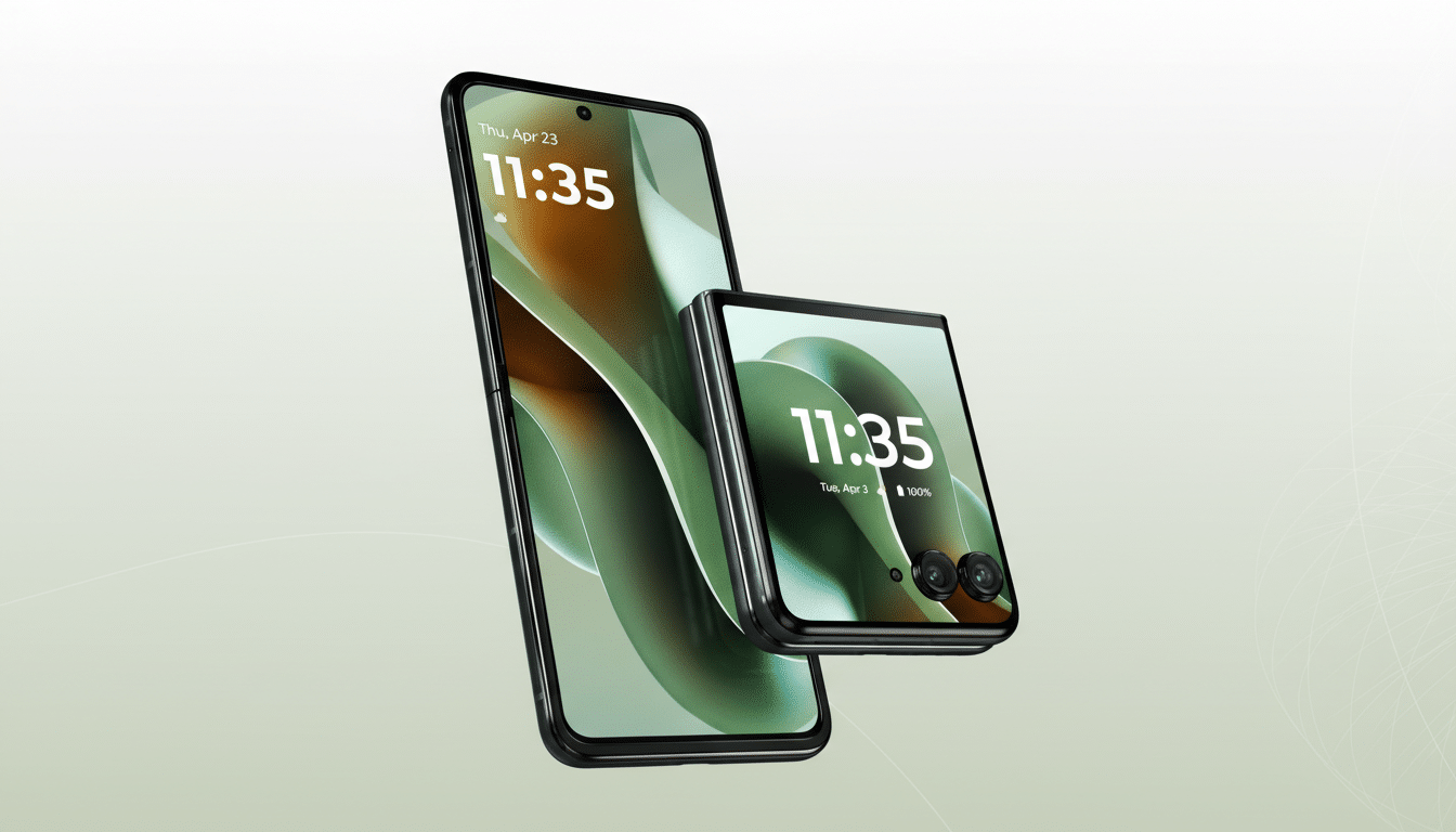 A 16:9 aspect ratio image featuring two smartphones, one upright and one folded, against a professional flat design background with soft patterns.