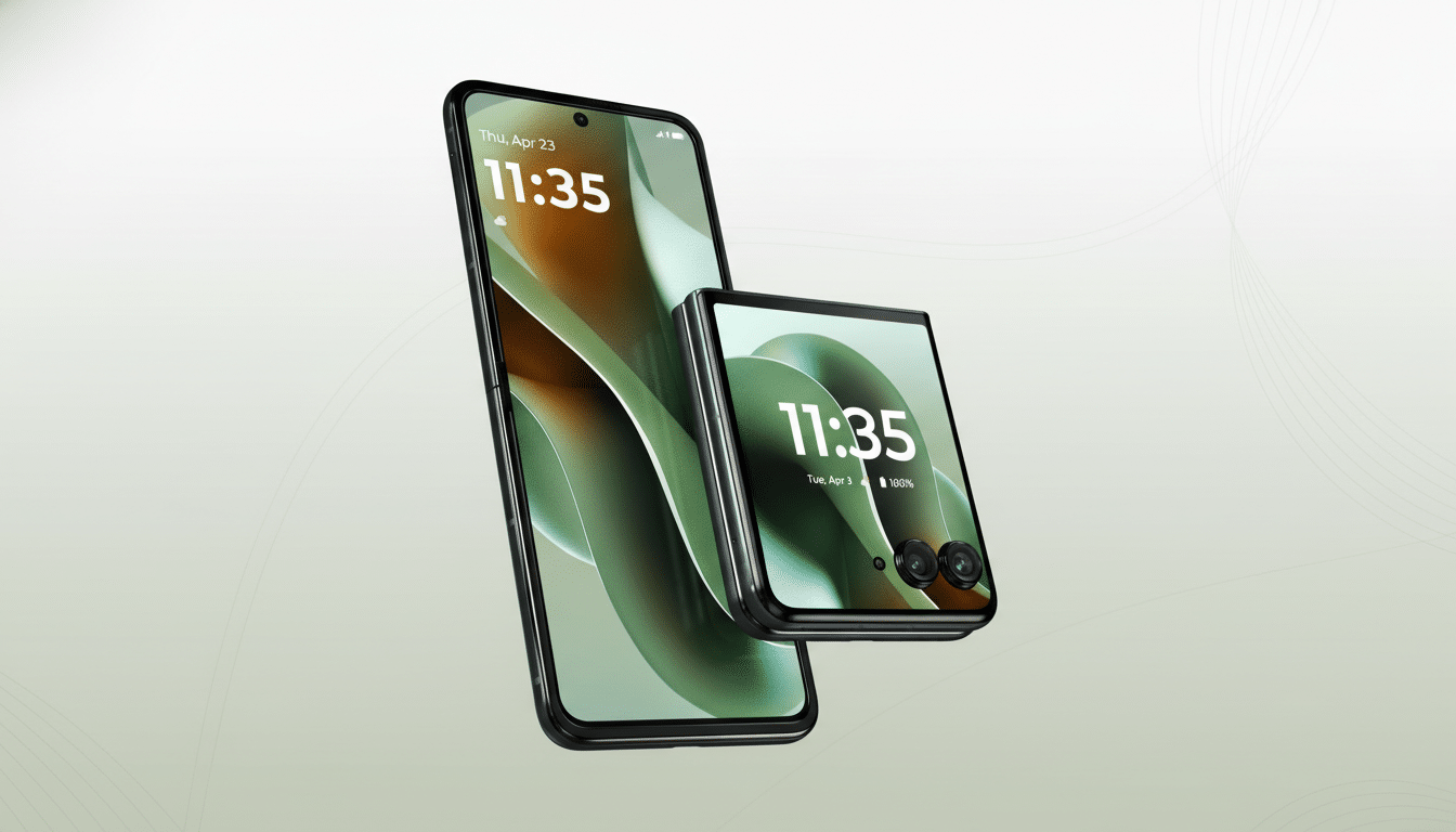 A sleek, modern smartphone and a compact foldable phone are displayed against a professional flat design background with subtle, soft patterns.