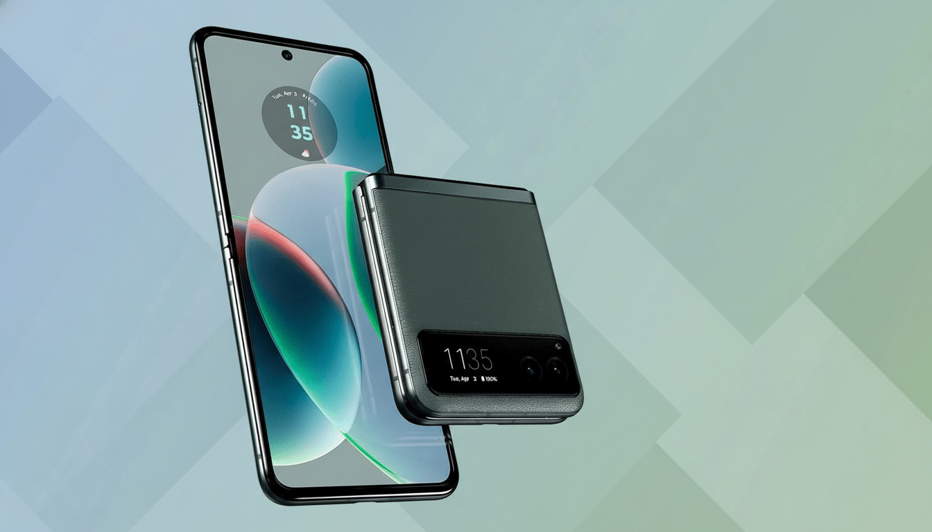 A Motorola Razr 40 Ultra smartphone, both open and closed, presented on a professional flat design background with soft patterns and gradients.