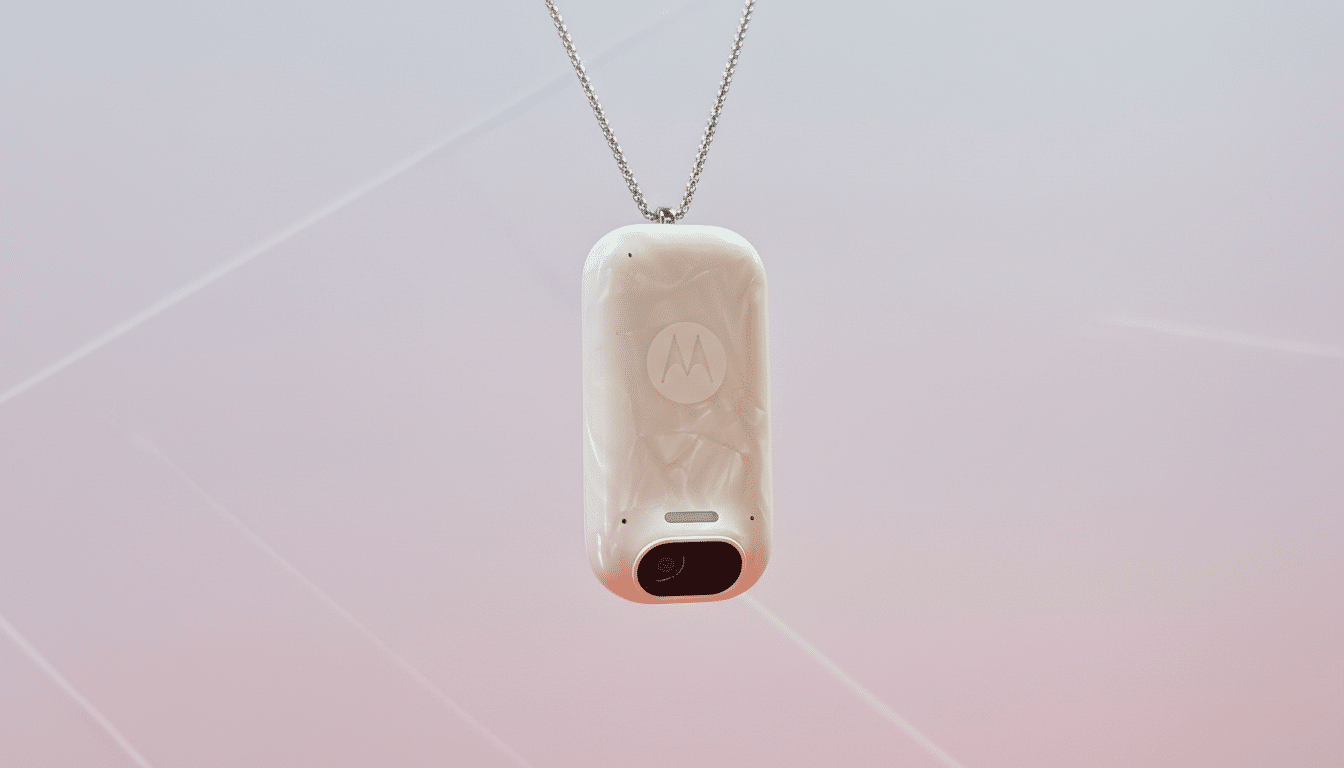 A white Motorola device, resembling a small, rectangular pendant with a camera lens, hangs from a silver chain against a soft, gradient background.