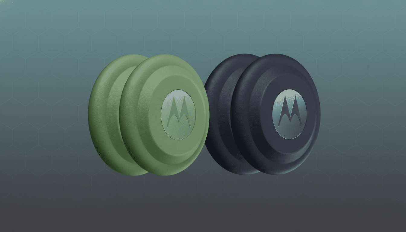 Two Motorola MA1 wireless Android Auto adapters, one pair in olive green and the other in dark gray, are displayed on a professional flat design background with soft geometric patterns.