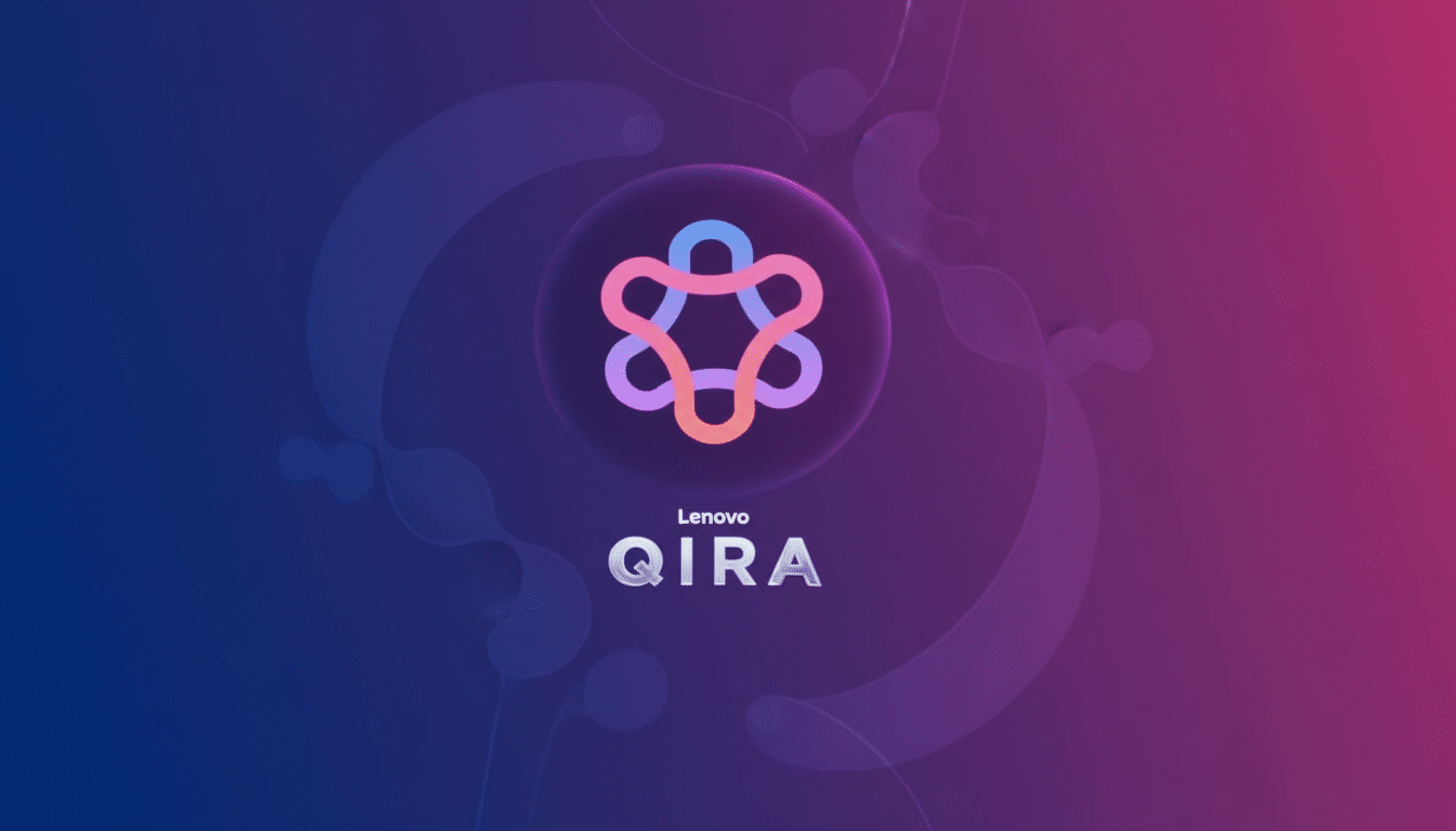 The Lenovo QIRA logo, featuring a colorful, intertwined knot design within a circle, presented on a professional flat background with a soft blue and purple gradient and subtle abstract patterns.