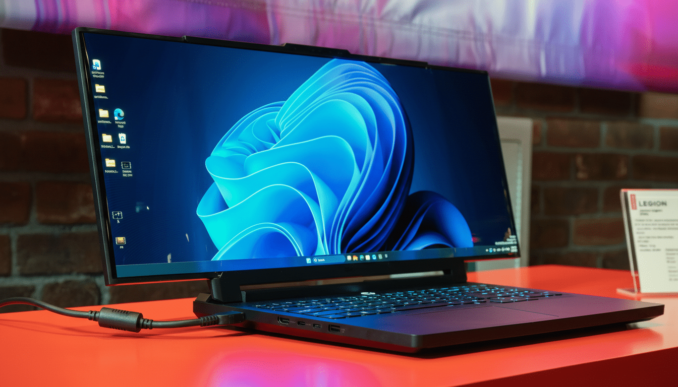 A black laptop with a blue and black swirled wallpaper on its screen, sitting on a red surface.