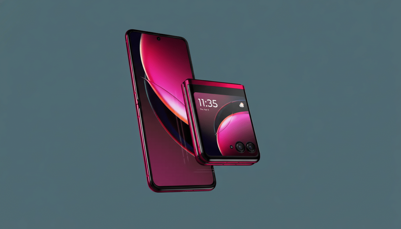 A sleek, professional image of two magenta-colored smartphones, one upright and the other folded, presented against a clean, professional flat design background with soft patterns or gradients.