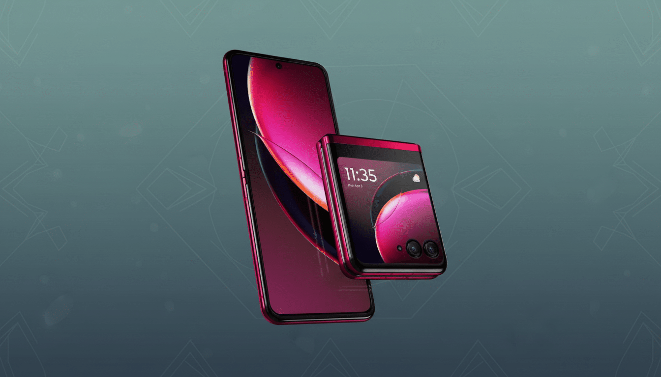 A 16:9 aspect ratio image featuring two Motorola Razr 40 Ultra phones in a vibrant magenta color. One phone is displayed upright, showcasing its full screen with a dynamic magenta and black wallpaper. The second phone is folded, revealing its smaller external display with the time 11:35 and date Thu, Apr 3, along with a weather icon. Both phones are presented against a professional flat design background with subtle geometric patterns and a soft gradient, maintaining a clean and modern aesthetic.