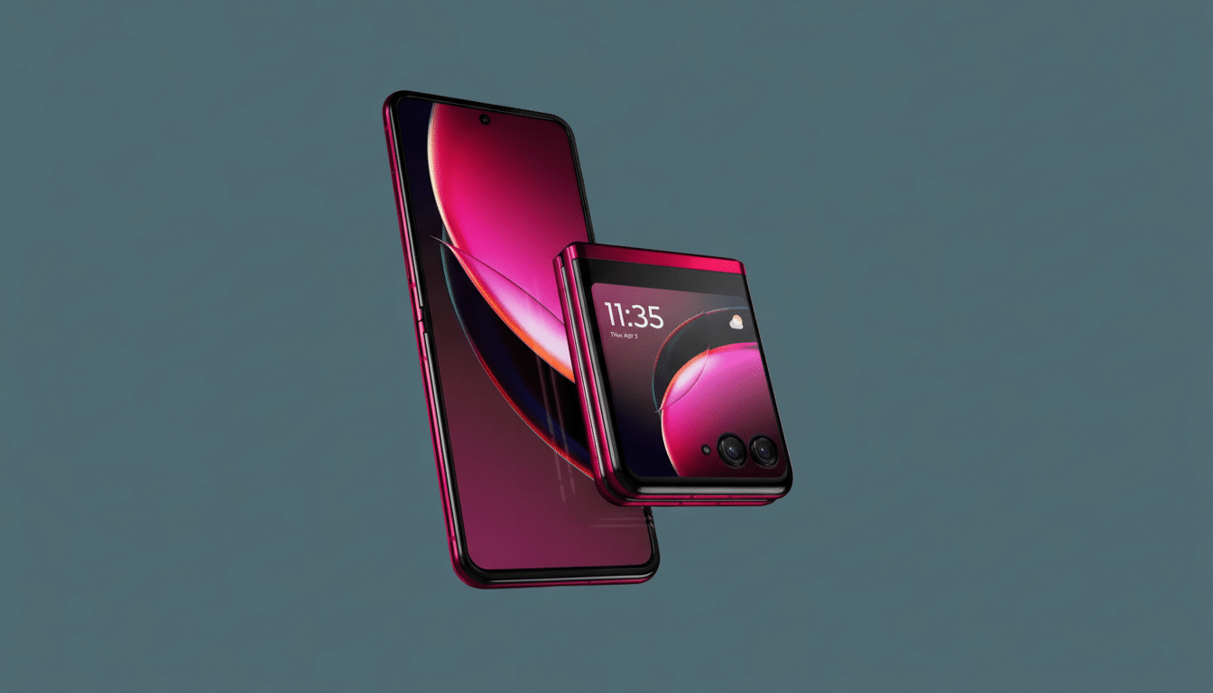 Two magenta-colored smartphones, one upright and one folded, are displayed against a professional flat design background with soft gradients.