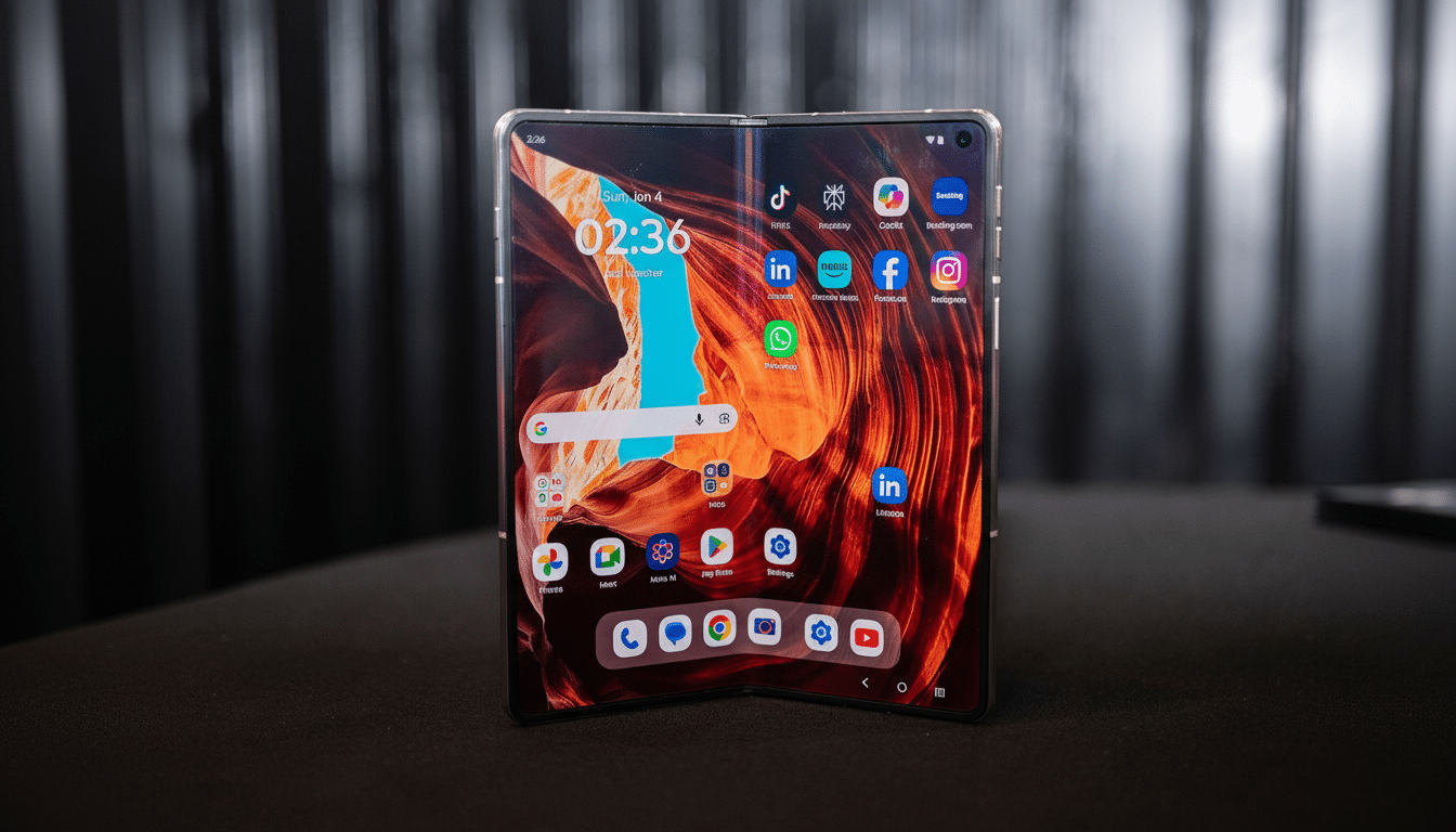A foldable smartphone displayed on a dark surface, showing a vibrant wallpaper and various app icons on its screen.