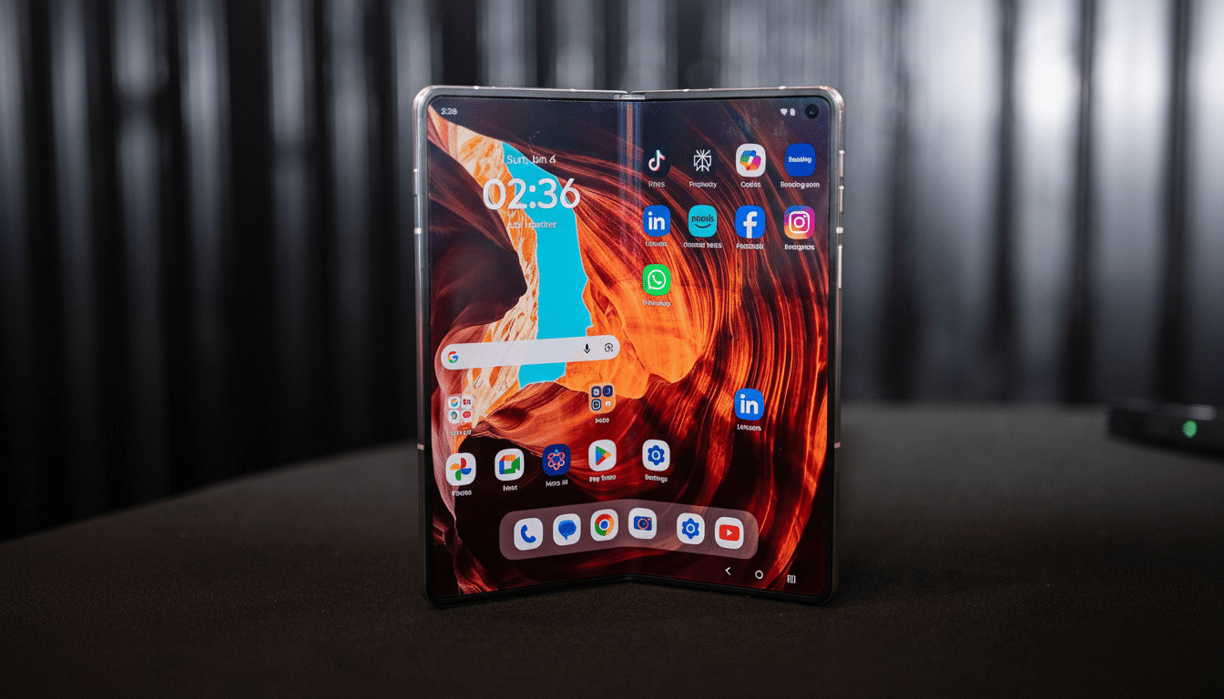 A foldable smartphone displayed on a dark surface, showing a vibrant wallpaper and various app icons on its screen.