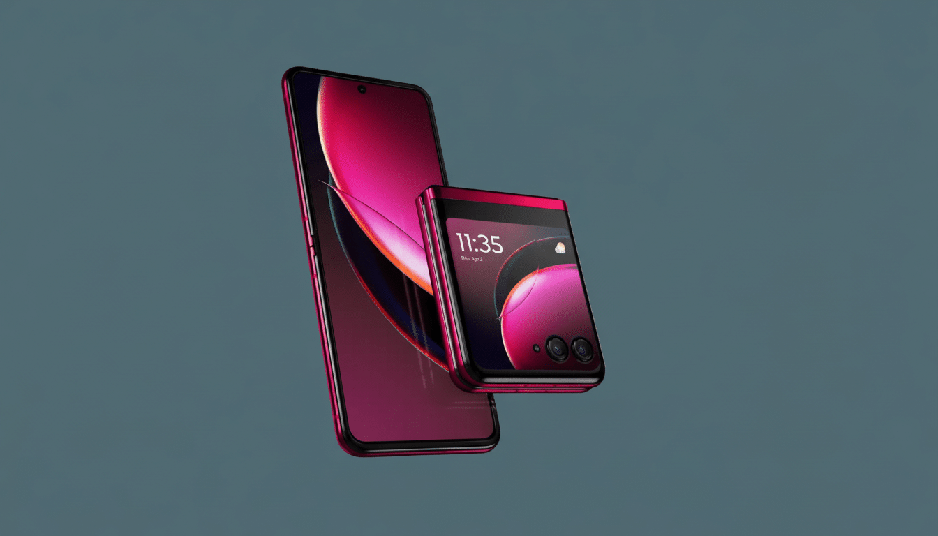 A 16:9 aspect ratio image featuring two magenta-colored smartphones, one upright and one folded, against a professional flat design background with soft gradients.