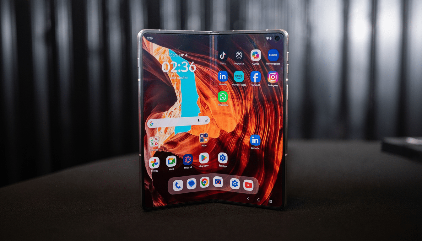 A foldable smartphone displaying a vibrant wallpaper and various app icons, presented on a dark, textured surface.