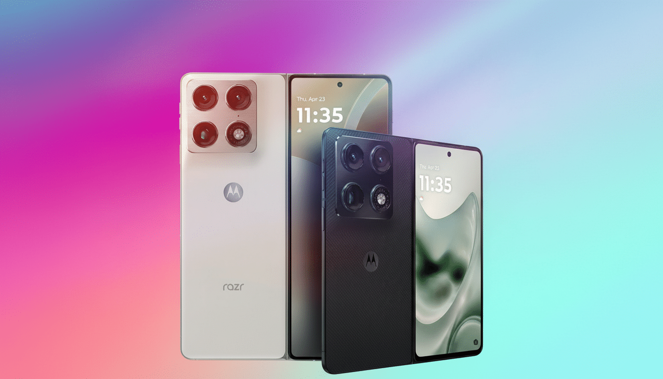A white Motorola Razr phone and two other Motorola phones, one black and one with a green screen, are displayed against a gradient background of pink, purple, and blue.