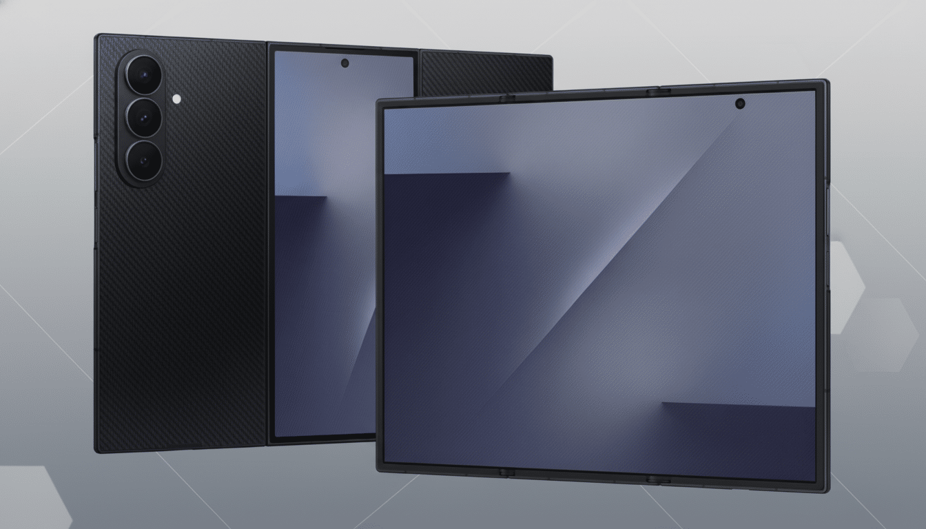 A black foldable smartphone, partially open, with a second, fully open foldable smartphone in the foreground, both displaying a dark blue and purple abstract wallpaper, set against a professional gray background with subtle geometric patterns.