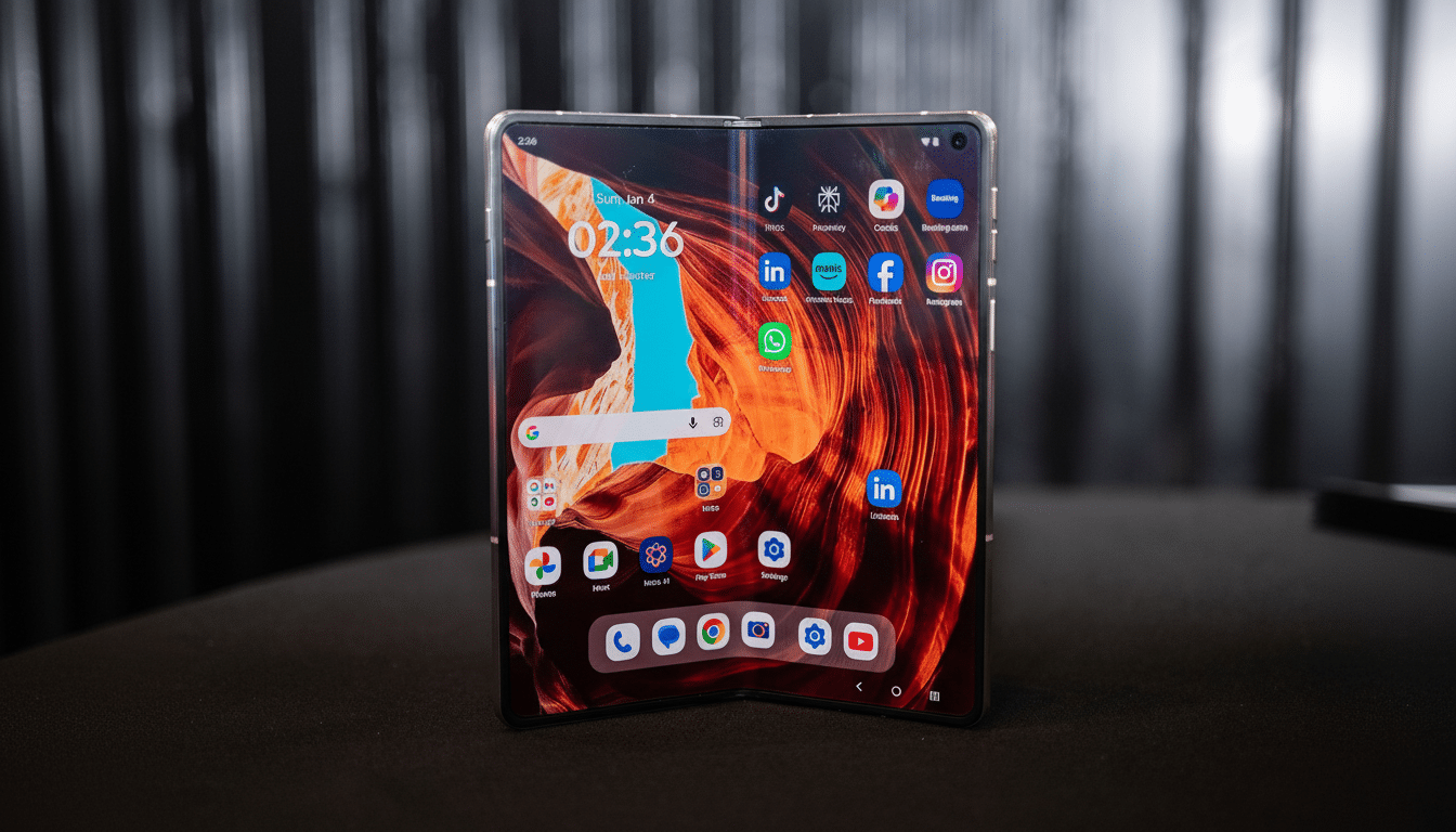 A foldable smartphone displayed on a dark surface, showing a vibrant wallpaper and various app icons on its screen.