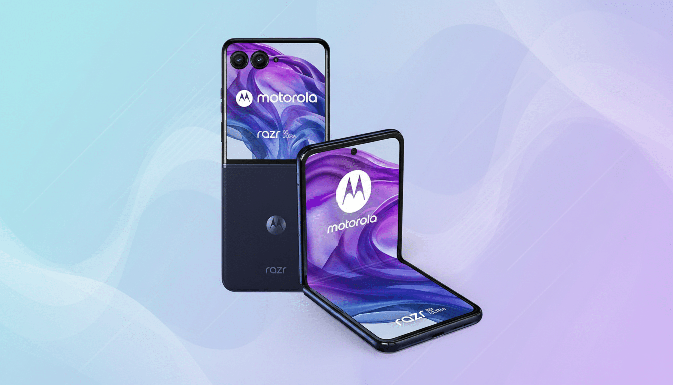Two Motorola Razr 50 Ultra phones, one unfolded and one folded, presented on a professional flat design background with soft blue and purple gradients.