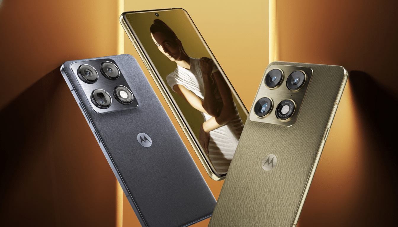 Three Motorola smartphones are displayed against a warm, golden background. The phone in the center, positioned vertically, shows a woman on its screen. To its left and right, two other Motorola phones are angled, showcasing their camera arrays and textured backs.
