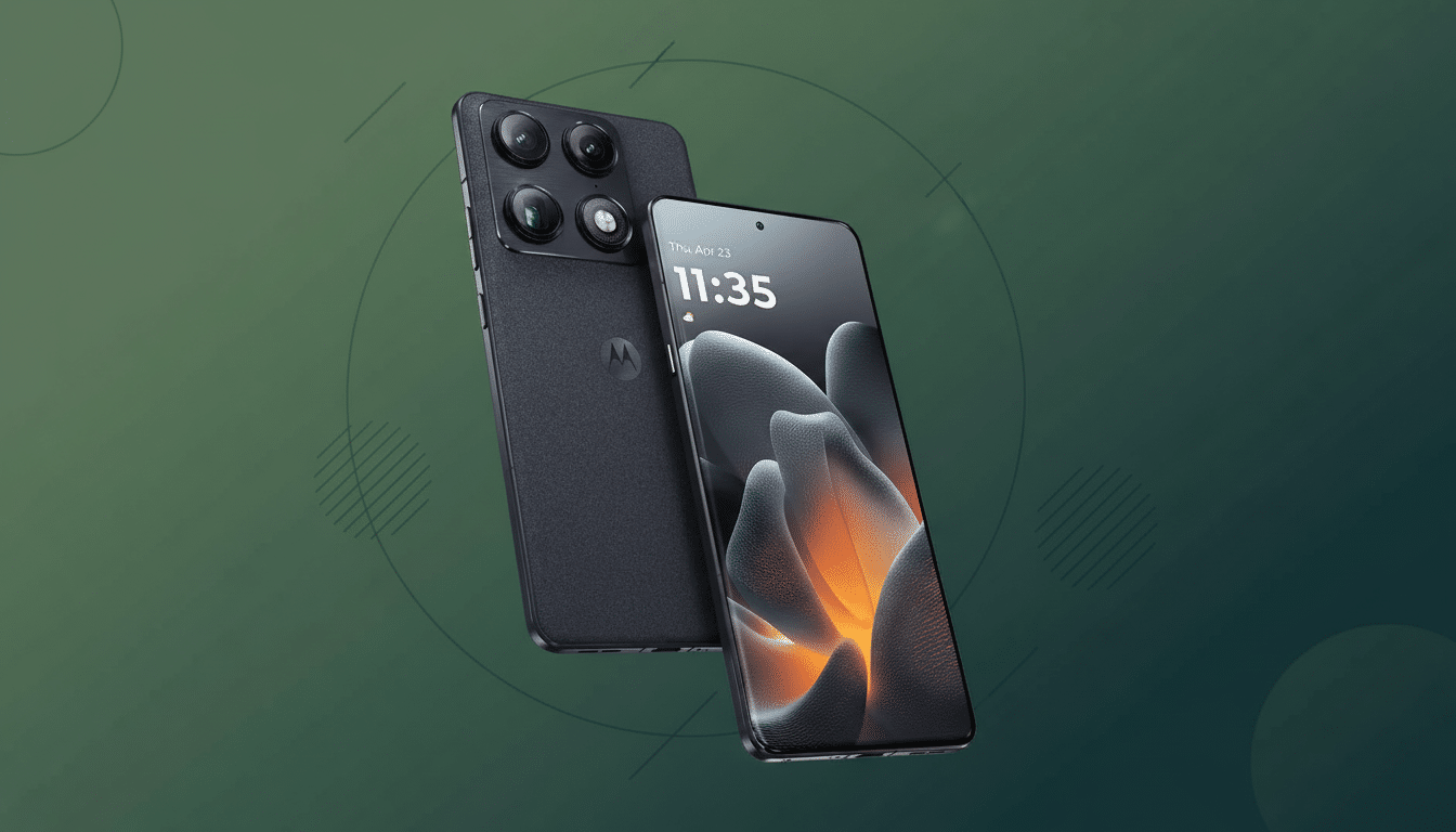 A Motorola smartphone in a 16:9 aspect ratio, with a dark textured back and a screen displaying 11:35 and an abstract orange and grey wallpaper, set against a professional flat design background with soft green gradients and subtle geometric patterns.