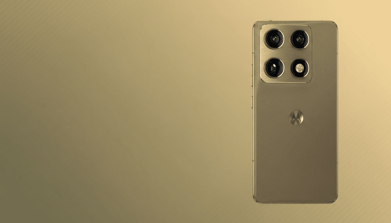 A gold Motorola smartphone with four camera lenses on the back, presented on a professional flat design background with soft gold gradients and subtle diagonal patterns.
