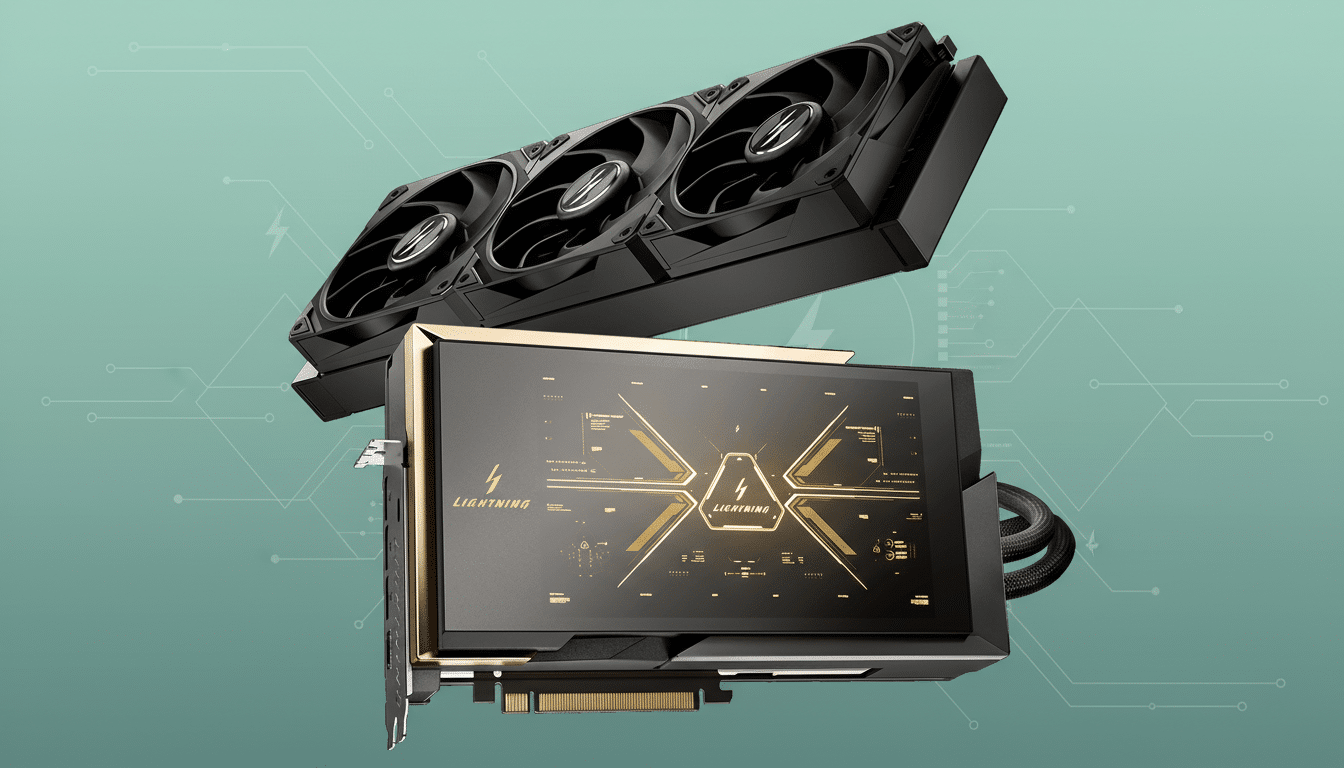A professional image of a black and gold graphics card with a separate triple-fan cooling unit, set against a teal background with subtle circuit board patterns.