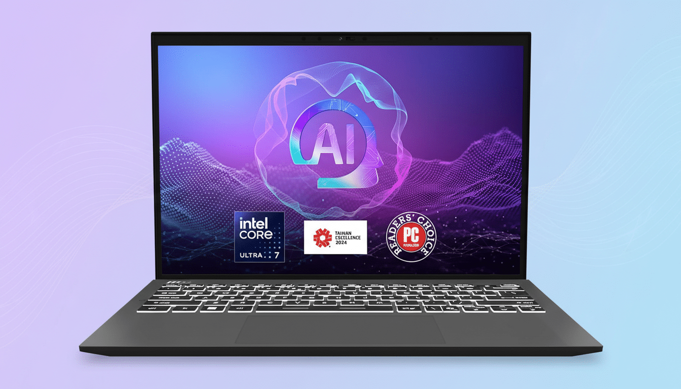A black laptop with a screen displaying an AI logo, Intel Core Ultra 7 logo, Taiwan Excellence 2024 logo, and PCMag Readers Choice logo, set against a professional flat design background with soft patterns and gradients.