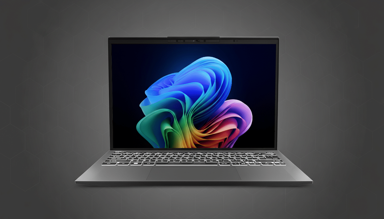A sleek, modern laptop with a colorful abstract wallpaper on its screen, presented on a dark gray background with a subtle hexagonal pattern.