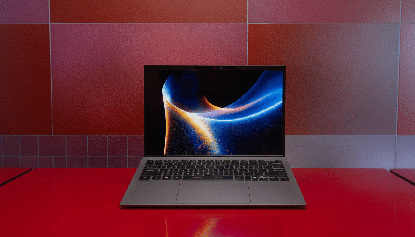 A dark grey laptop with a vibrant, abstract wallpaper on its screen, set against a red tiled wall and a red table.