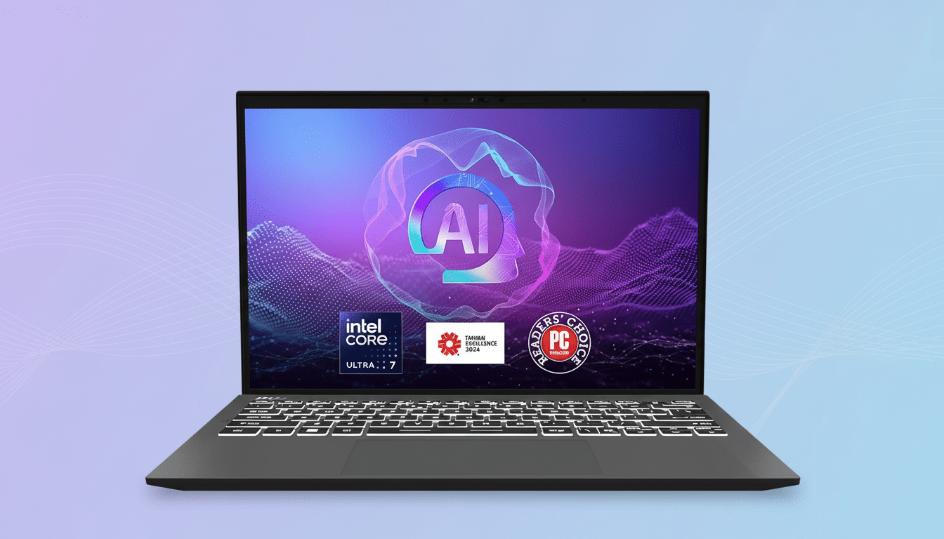 A black laptop with a screen displaying an AI logo, Intel Core Ultra 7 logo, Taiwan Excellence 2024 logo, and PCMag Readers Choice logo, set against a professional flat design background with soft patterns and gradients.