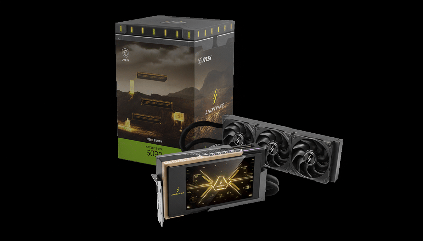 A professional image of an MSI GeForce RTX 5090 Lightning graphics card and its packaging, presented on a black background.