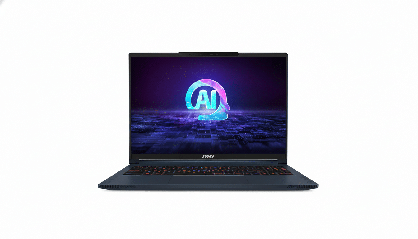 A dark blue MSI laptop with a glowing AI logo on its screen, set against a white background.