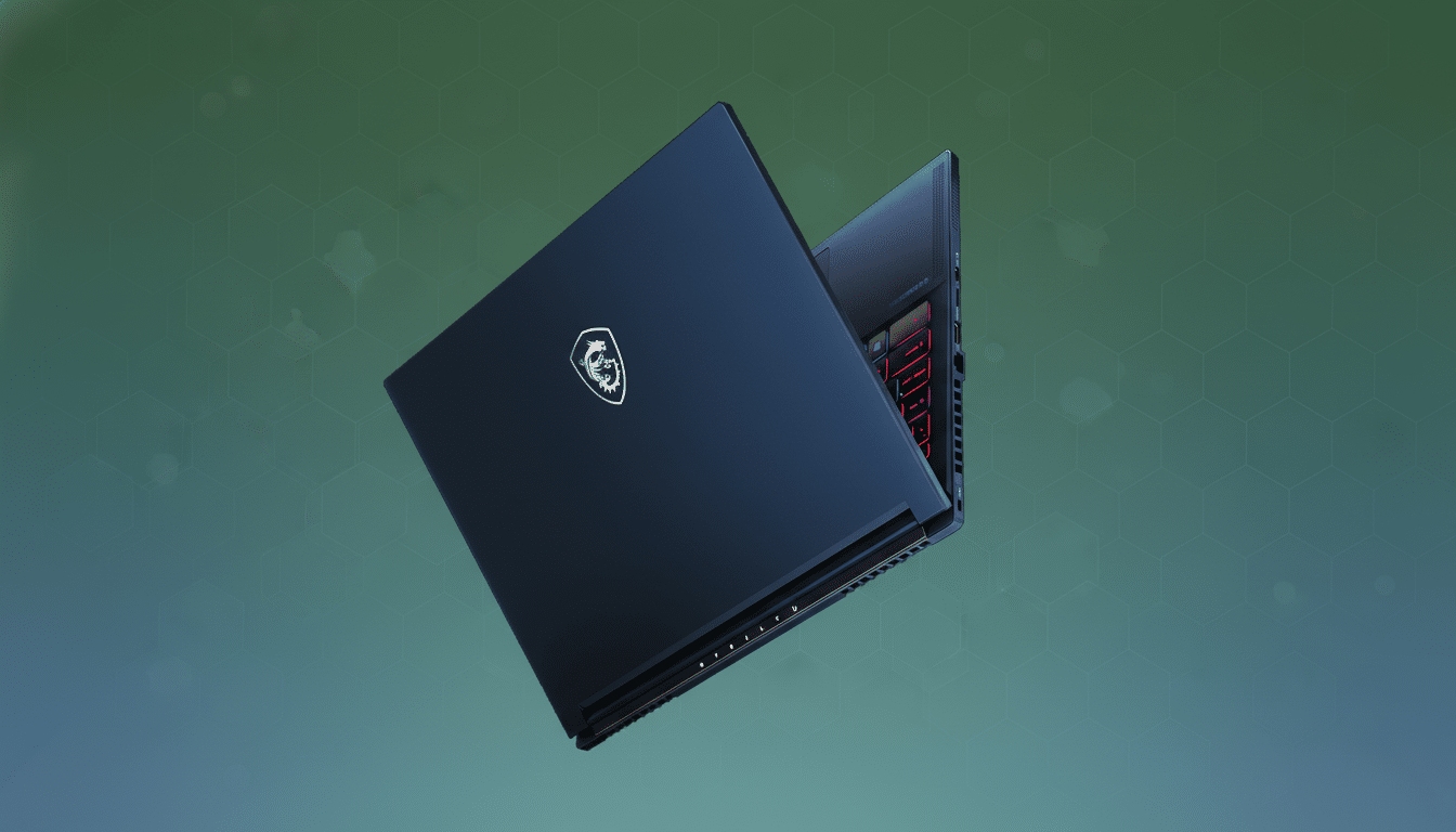 A dark blue MSI Stealth gaming laptop with its lid partially open, showcasing a colorful backlit keyboard, set against a professional green background with subtle geometric patterns.