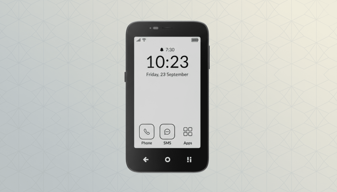 A black smartphone with a white screen displaying the time 10:23, the date Friday, 23 September, and icons for Phone, SMS, and Apps, set against a professional flat design background with soft geometric patterns and a subtle gradient.